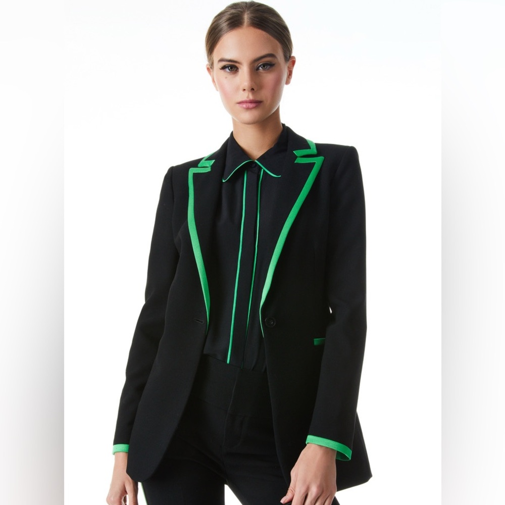 NWT $550 Alice + Olivia Breann Contrast-trimmed Blazer In Black/ Garden Green